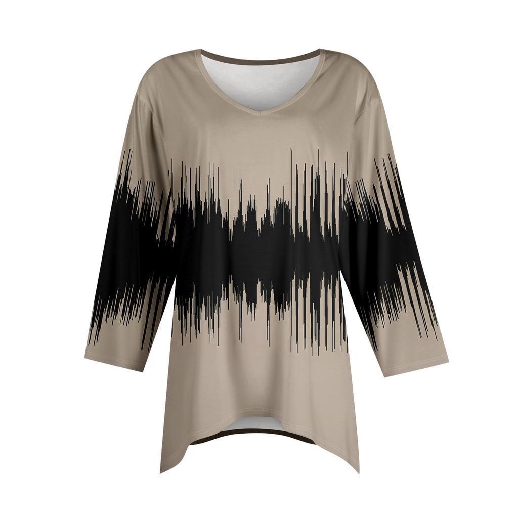 Women 3/4 Sleeve Tunic Prints Tops For  Loose Fit Casual Blouses V Neck T Shirts With Asymmetrical Hem