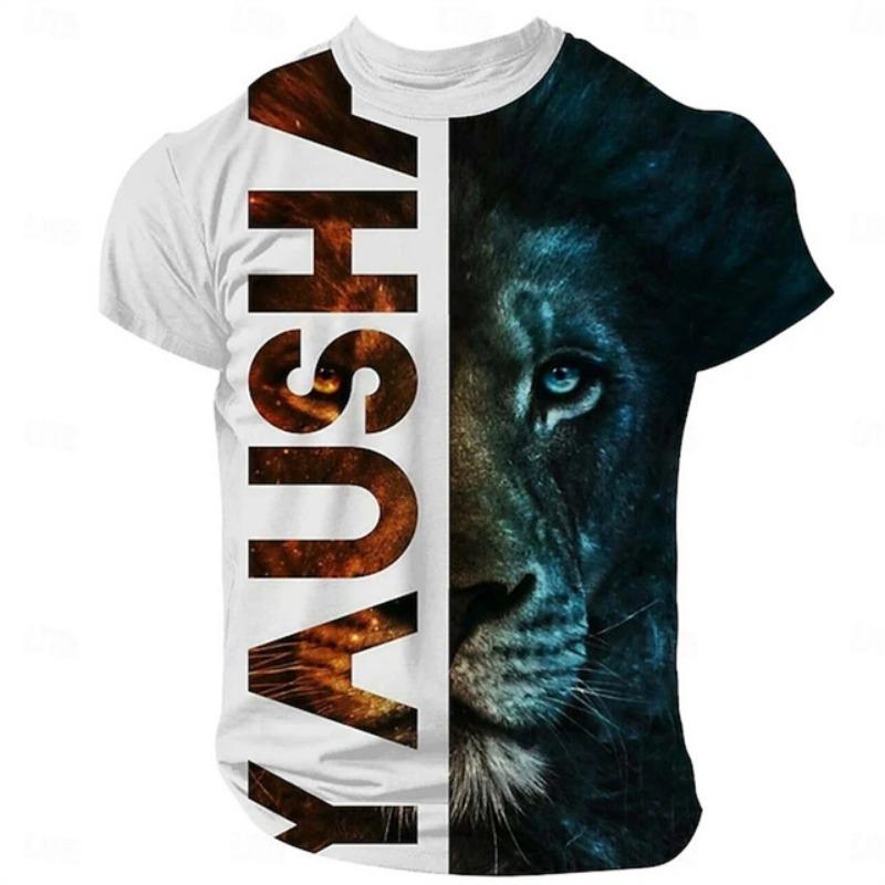 Animal Men's Printed T Shirt 3D Lion Pattern Summer Loose Plus Size Short Sleeve Street Round Neck Comfortable Men's Tops 6Xl