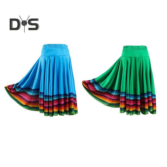 Midi Skirt Ladies Folk Dance Skirt Elastic High Waist Spanish Swing Skirt Rainbow Large Swing Hem Mexican Flamenco Performance Skirt