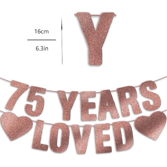 Pre-Strung 75th Birthday Banner - Rose Gold Glitter, Happy 75th Birthday Party Decorations for Women, Cute 75 Year Old Anniversary Decor Bday Sign