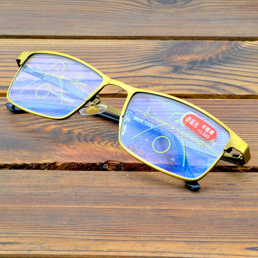 Vollrandige Bronzerahmen-Komfort-Rechteckbrille. Sehen Sie in der Nähe und in der Ferne. Progressive Multifokus-Lesebrille +0,75 bis +4