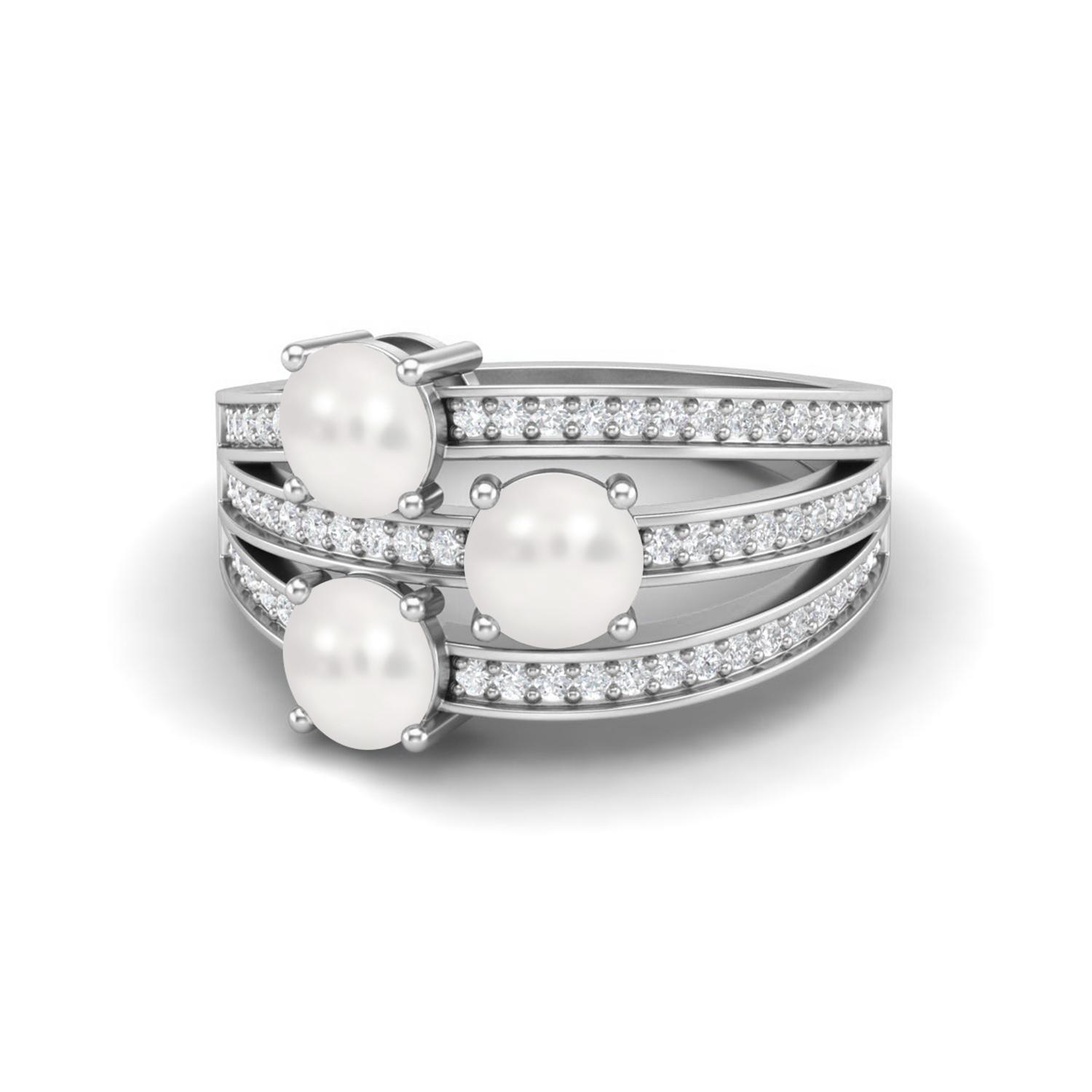 925 Sterling Silver 1.50 Carat Three Stone Round Shape Pearl Solitaire Women Wedding Ring 5 белый