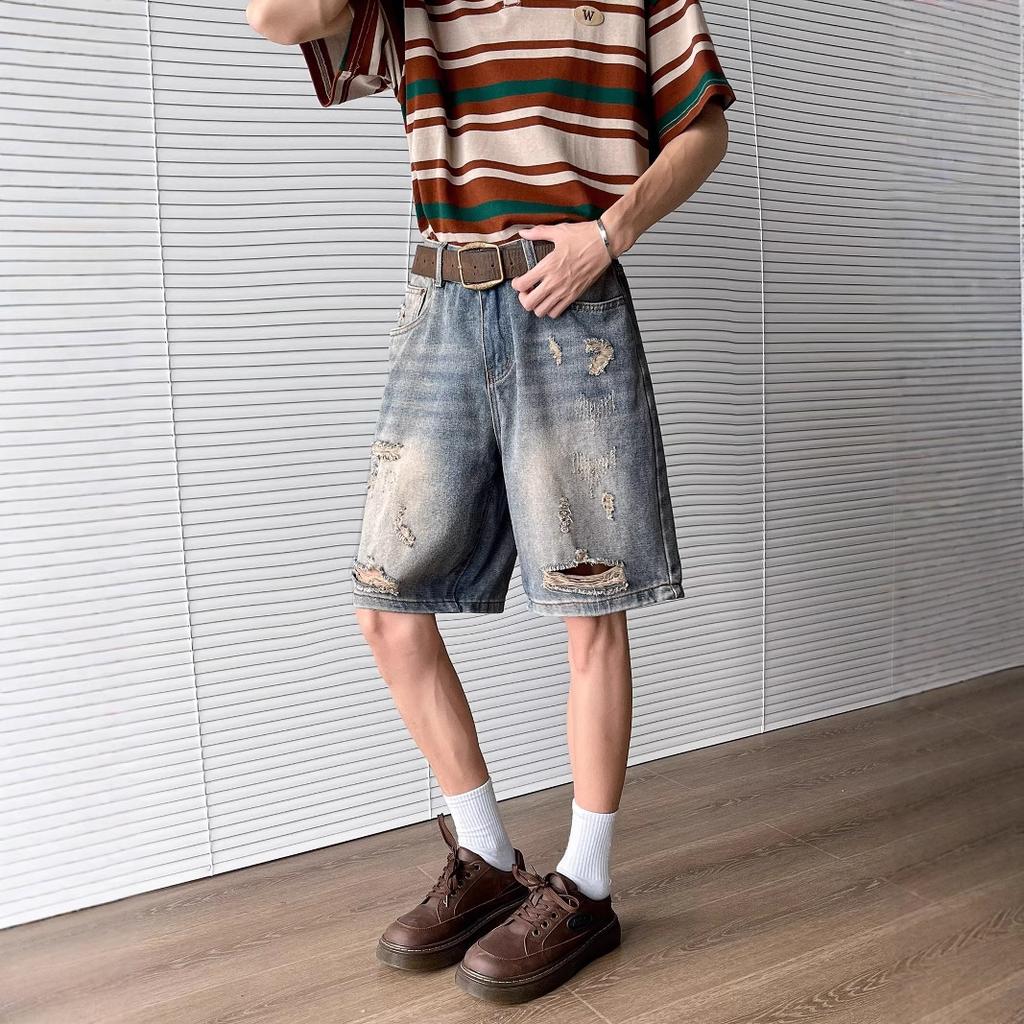 JYL Men's Denim Shorts Summer Ripped High-Street  Thin Loose Fifth Pants Denim