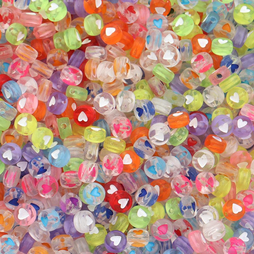 100pcs/lot 7mm Acrylic Beads Colored Transparent Heart Pattern Loose Flat Round Beads For Craft Bracelet Making DIY Jewelry Gift