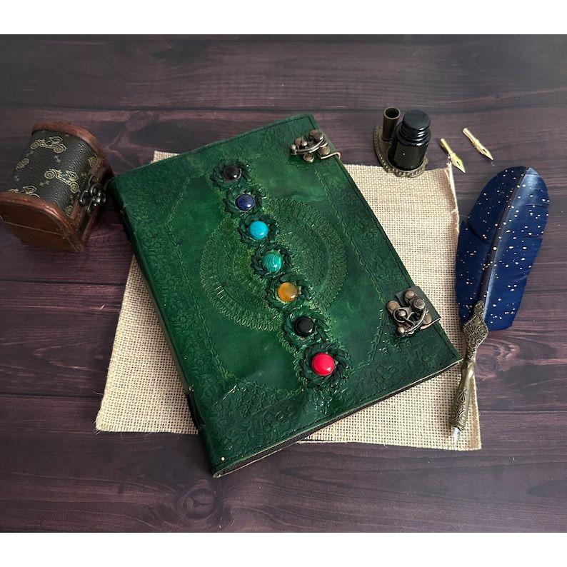 Seven stone Leather journal Handmade Embossed Vintage Leather Bound Green Notebook Sketchbook Diary Best Gift For Him
