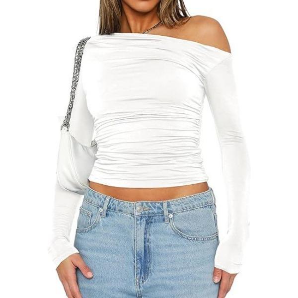 

Футболка женская Spice Girl с длинным рукавом и низом, повседневная, с разрезом на плече, узкие плечи, женская одежда M белый