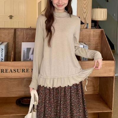Casual Polka Dot Basic Pullovers Autumn Winter Fleece Half High Collar Female Clothing Folds Stylish Drawstring Korean T-shirts
