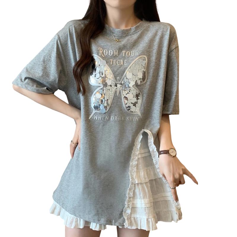 La Chapelle Women s Faux Two-piece Butterfly Sequin T-shirt L