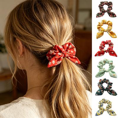 Hair Tie Floral Print Rabbit Ear Decor Hair Rope High Elasticity Bun Half-Tied Hairstyles