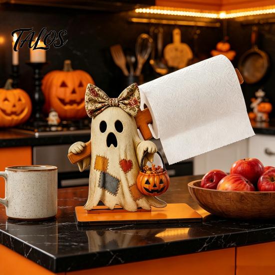 Halloween Paper Towel Holder Wooden Holder, Cute Patchwork Ghost Napkin Stand, Party Supplies Rustic Roll Dispenser for Kitchen Dining Table