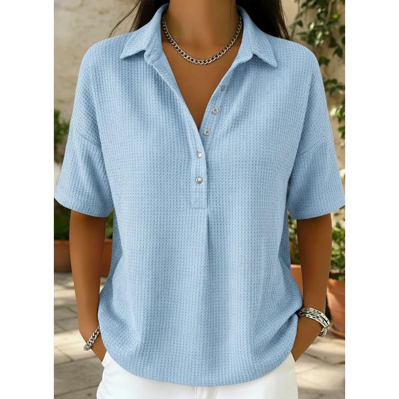 QICED Women's Fashion POLO Neck Short Sleeve Casual Blouses & Shirts Casual Chic