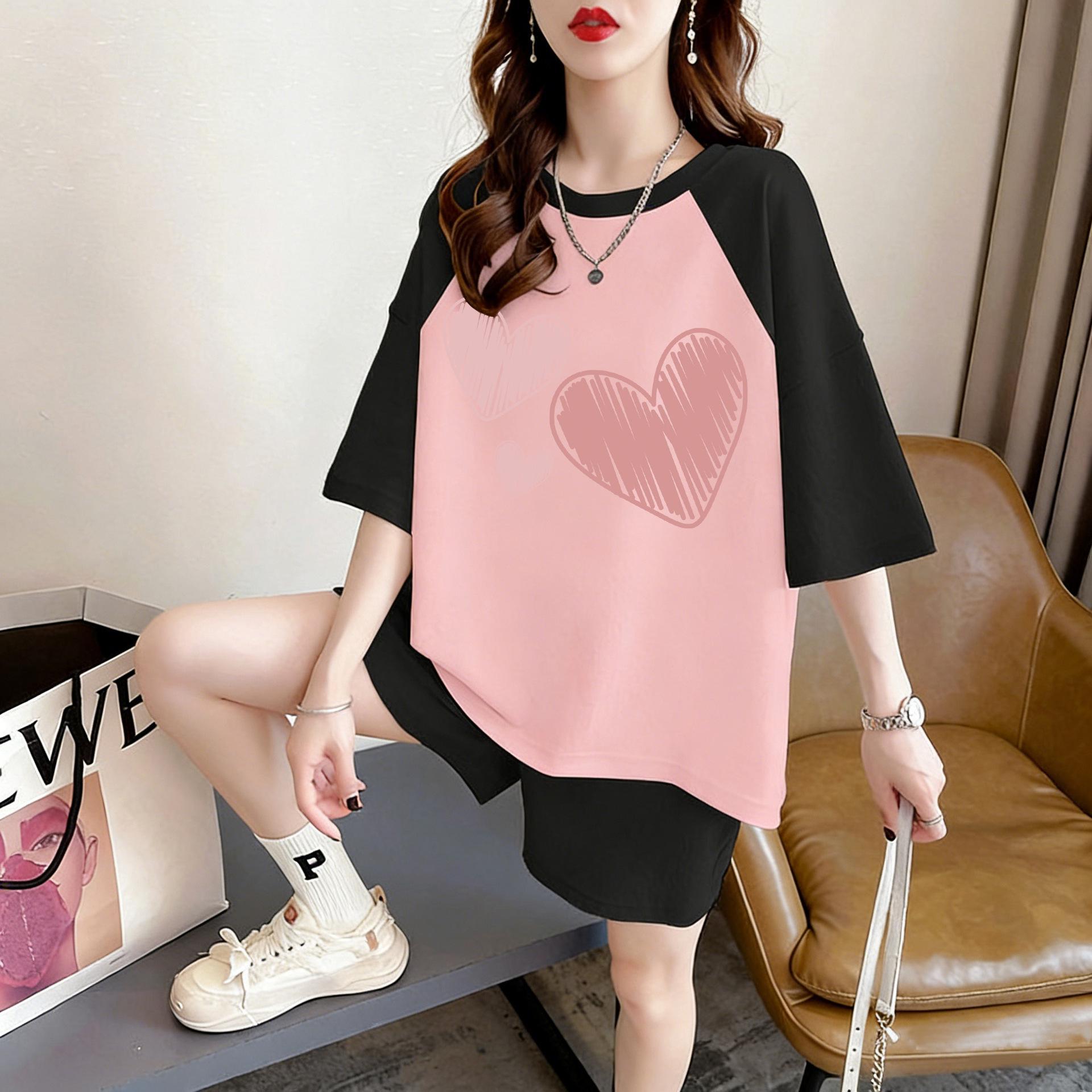

2026 Women s Trendy Cotton Color Block Short Sleeve T-shirt: Slimming, Age-Reducing Summer Top 2XL розовый/чёрный