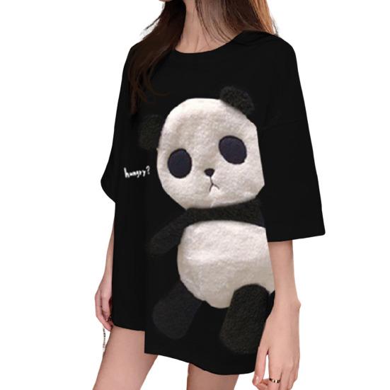 Camiseta Feminina de Verão Bordado de Animal Decoração de Panda Solta Comprimento Médio Gola Redonda Uso Diário Manga Curta Cor Contrastante Top de Verão Feminino Vestuário