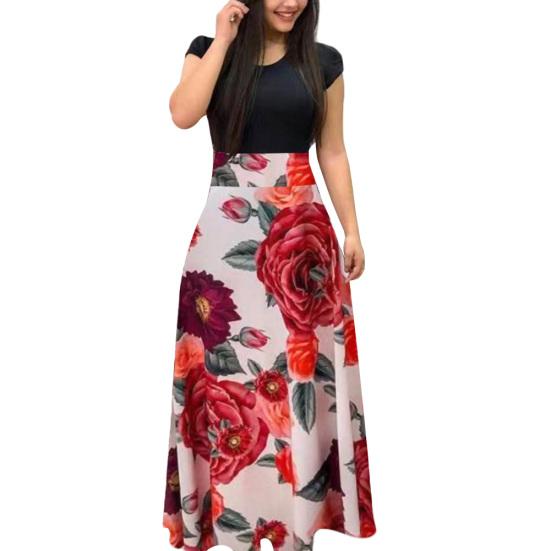 Women Short Sleeve Floral Printed Patchwork Prom Cocktail Large Swing Maxi Dress