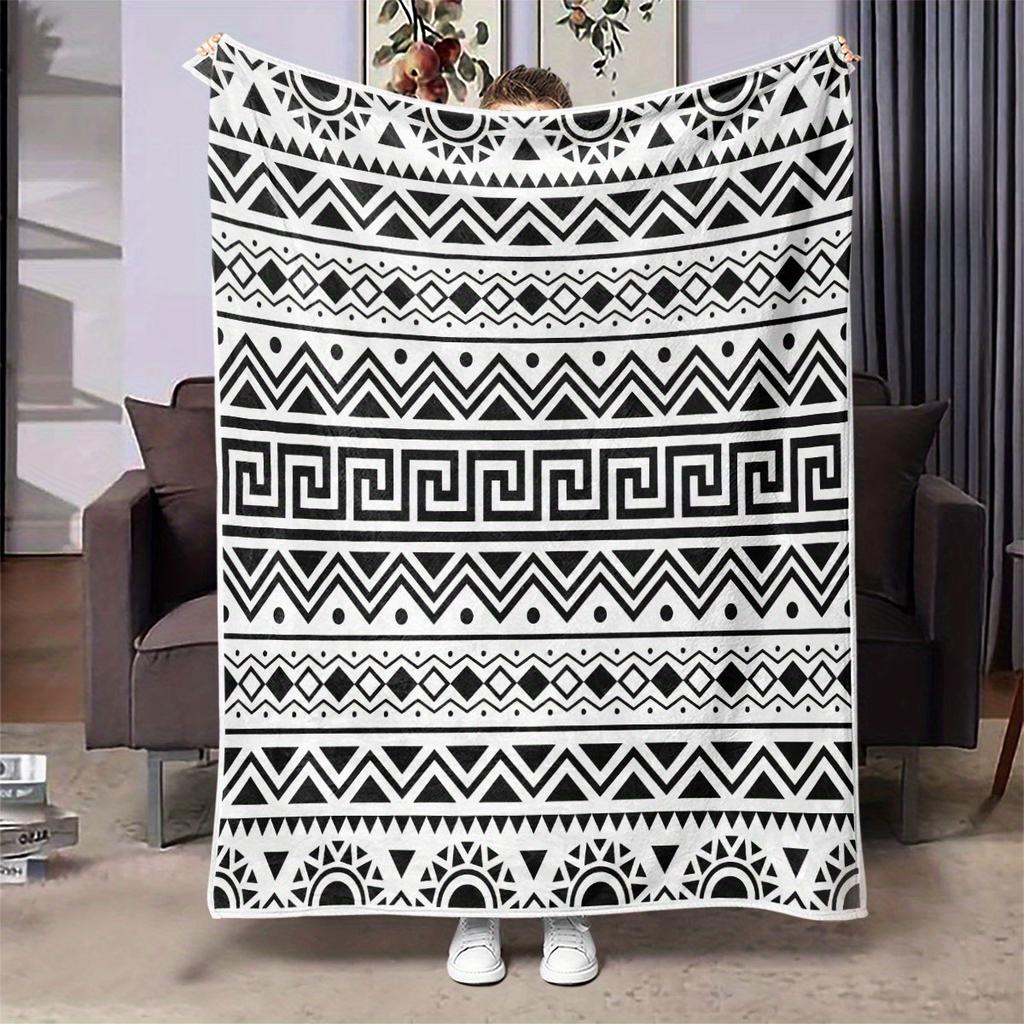 Black White Geometric Tribal Throw Blanket Bohemian Aztec Pattern Soft Flannel Wrap For Couch Bedroom And Living Room Decor