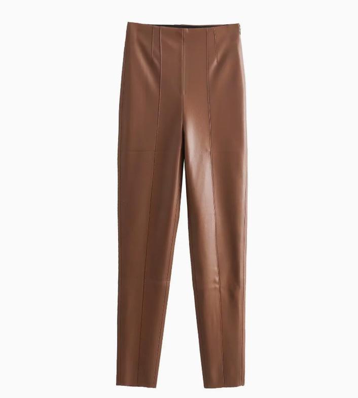 

2025 Autumn/Winter Women s Slimming High-Waisted Faux Leather Leggings Medium коричневий