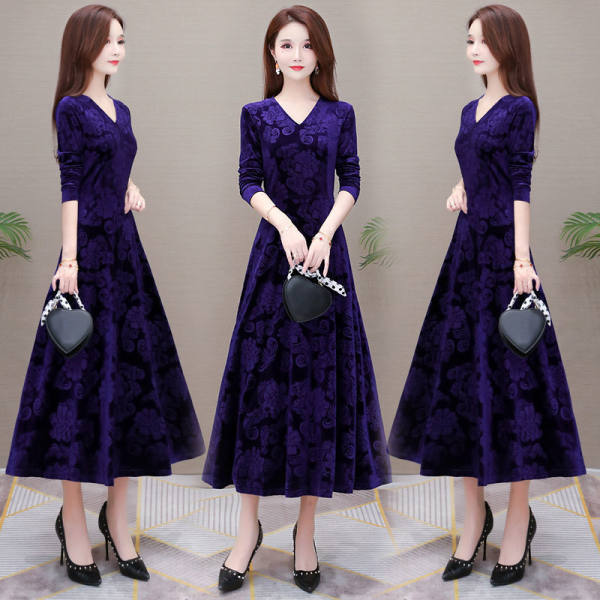 New Women's Fashion Autumn Winter Long Sleeve Elegant One Piece Solid Color Velvet Dress