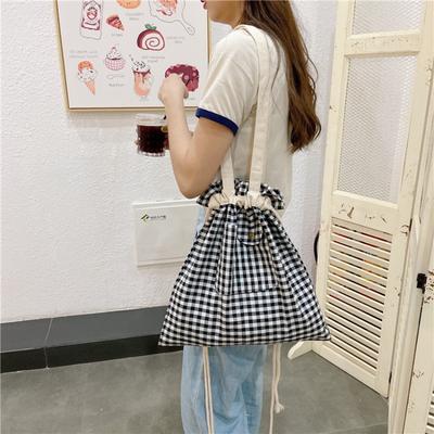 Canvas Bag 2020 New Portable Drawstring Shoulder Bag Literary Plaid Student Cloth Bag