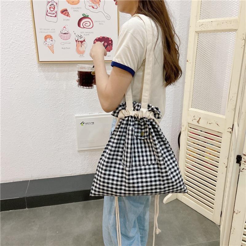 Canvas bag 2020 new portable drawstring shoulder bag literary plaid student cloth bag