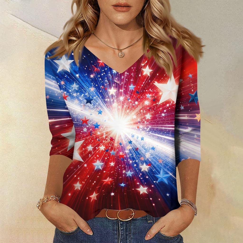 Women's Fashionable Casual Independence Day American Flag and Stars Print V-Neck Three-Quarter Sleeve T-Shirt Top