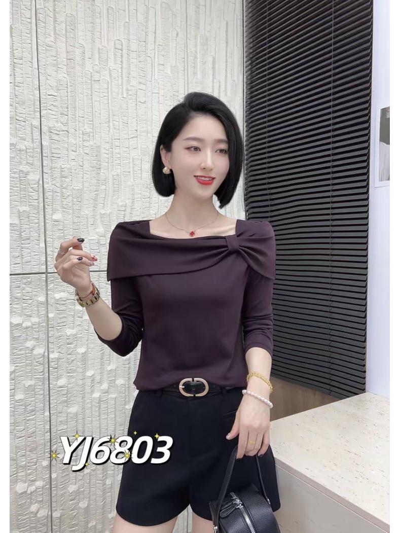 

2025 Autumn Women s One-Shoulder Bow Slimming Long-Sleeve T-Shirt 5XL for 150-165 jin темно-фиолетового