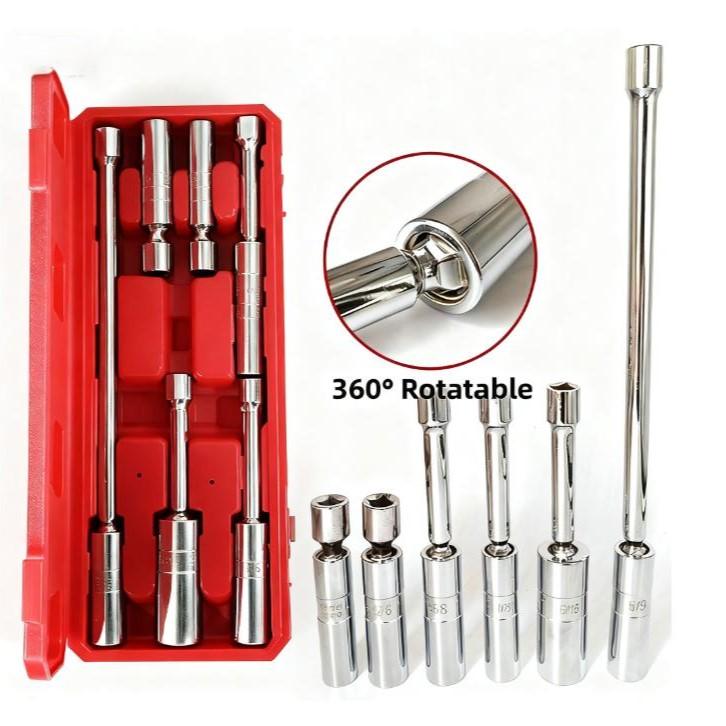Magnetic 6 Piece Spark Ignition Socket Set Thin Wall 12 Point With Extended Shaft And 360 Degree Swivel For Repair