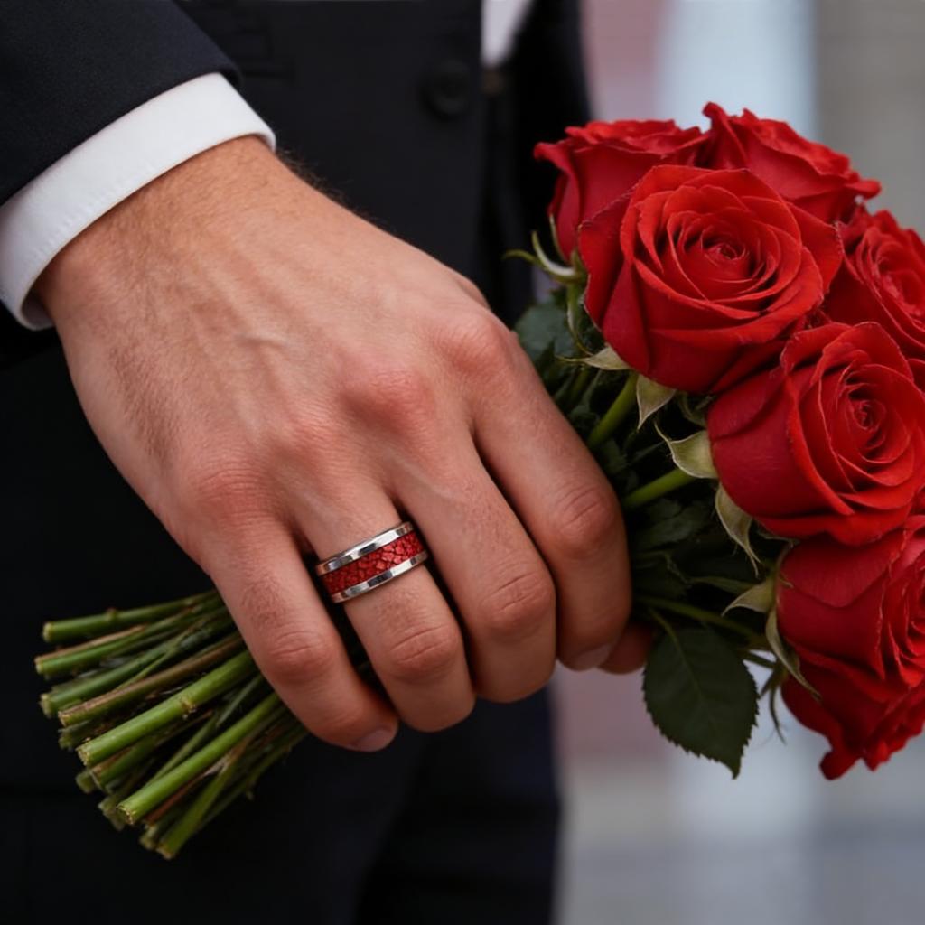 Fashion CopperColor Men Stainless Steel Ring with Red Stone Inlay Rings for Men Women Wedding Jewelry Valentine's Day Gifts