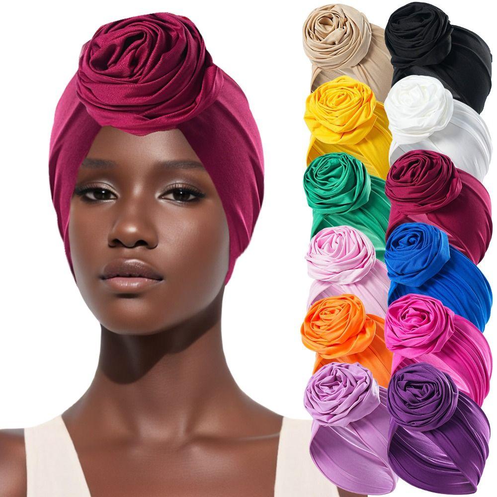 Elastic Boho Flower Bandana Raw Silk African Turban Cap Big Rose Flower Hairband  Hair Accessories