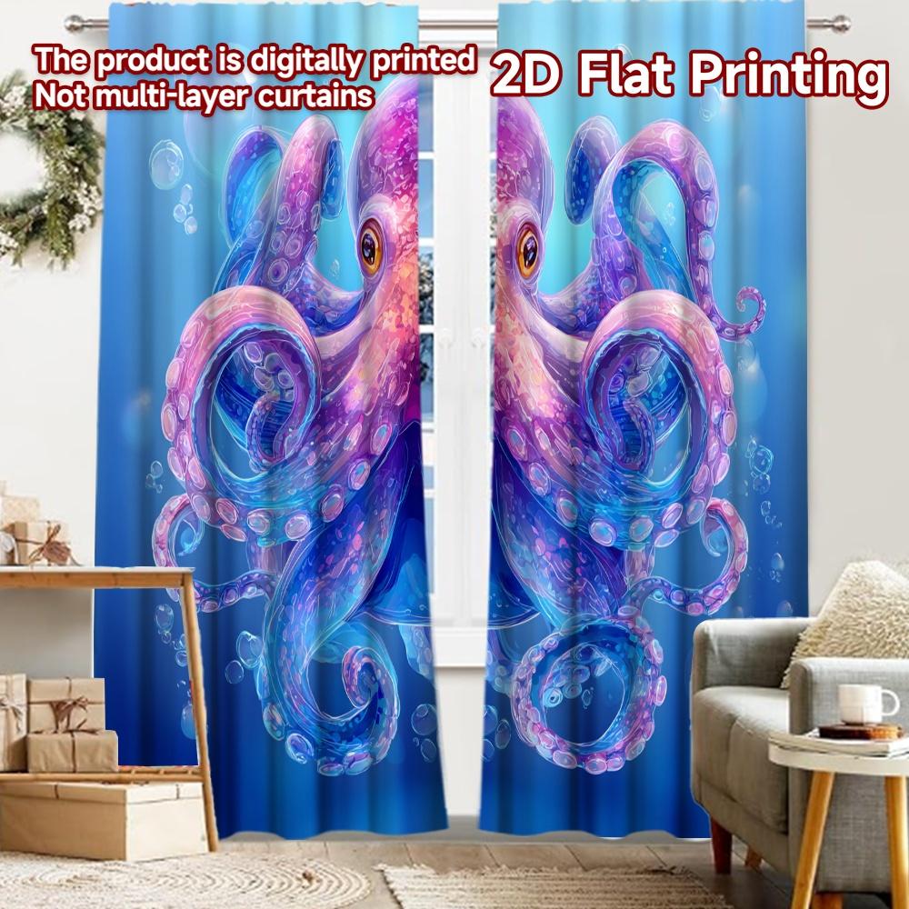 2pcs, 2D FLAT PRINTING Curtains (Without Rod) Deepsea Octopus Modern Fashionable Curtainments during the Christmas holiday