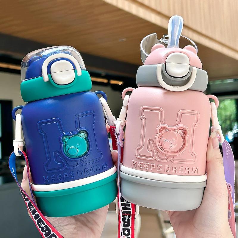 480ml Cute Bear 304 Stainless Steel Kids Thermos Bottle, Kawaii Vacuum Water Cup with Straw and Strap for School