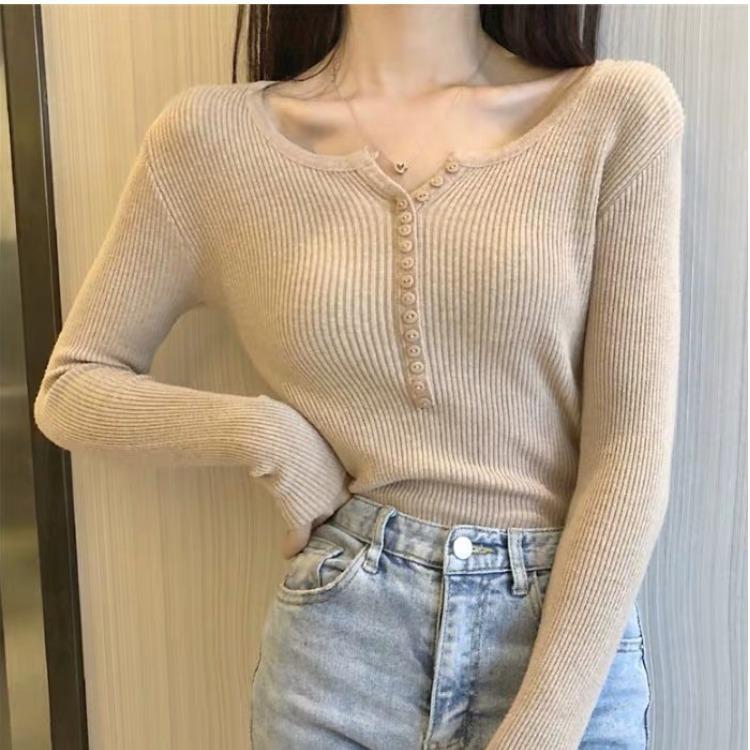 Autumn and Winter V-neck Sweater Women's Thin Knit Sweater Interior Base Shirt and Top