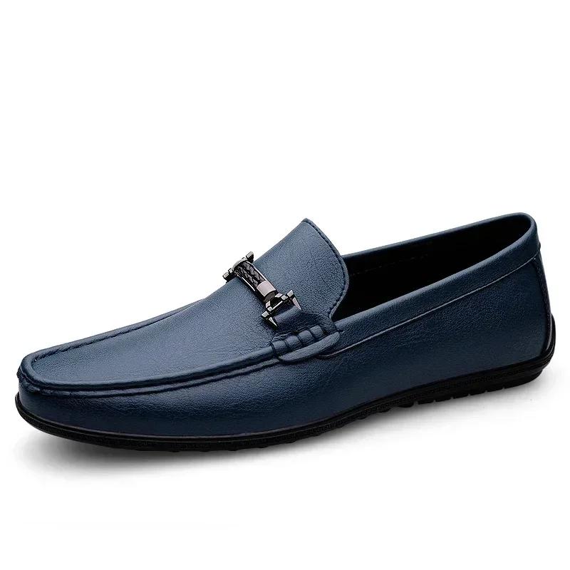 Fashion Luxury Mens Genuine Leather Shoes New Casual Shoes Men Blue Business Men Slip-on Shoes All-Match Loafers Handmade Driving Flats