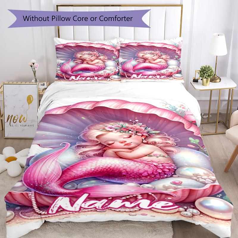 3pcs Custom Name Mermaid Bedding Set Duvet Cover Closure Includes 1 Duvet Cover & 2 Pillowcases, Soft and Comfortable for All Seasons.
