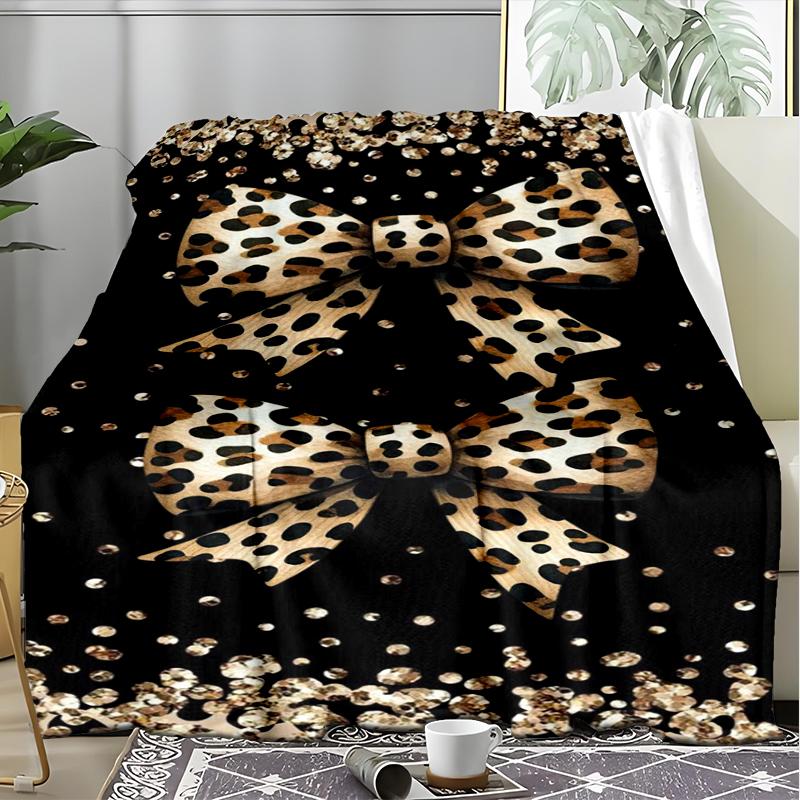 Leopard Bowknot Blanket Personalized Name Flannel Blanket Soft Cozy Plush Throw for Sofa Bed Lightweight Home Décor