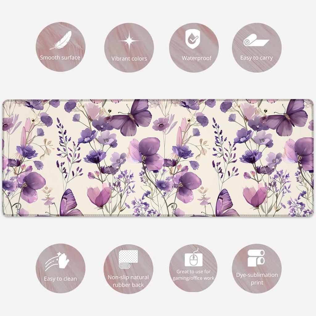 Floral & Butterfly Gaming Mouse Pad, Large Soft Purple Flower Desk Mat for Keyboard Computer Laptop, Non-Slip Rubber Base Extended Desktop Mousepad