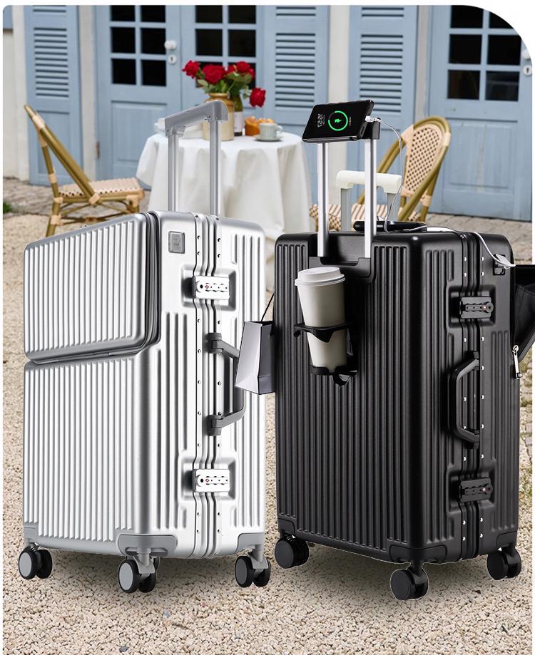 Universal Aluminum Frame Trolley Suitcase with Front Opening and Large Capacity for Women and Men
