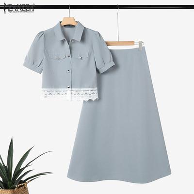 Women Short Sleeve Blouse and Long Skirts Summer Two Piece Suit Sets