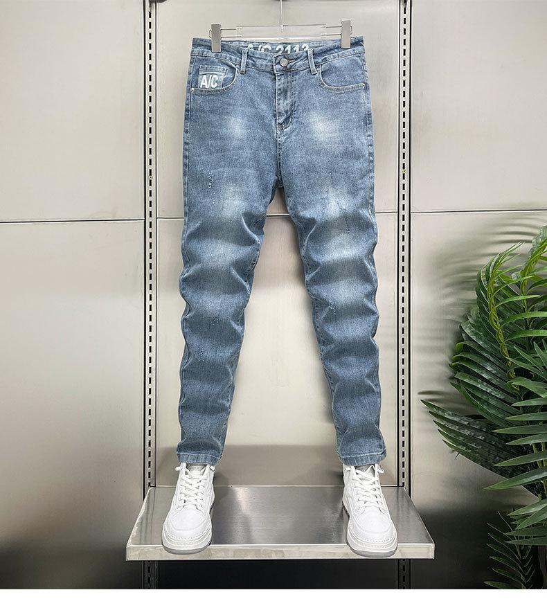 Spring and summer new letter jeans men's elastic slim straight men's pants trendy brand versatile casual long pants