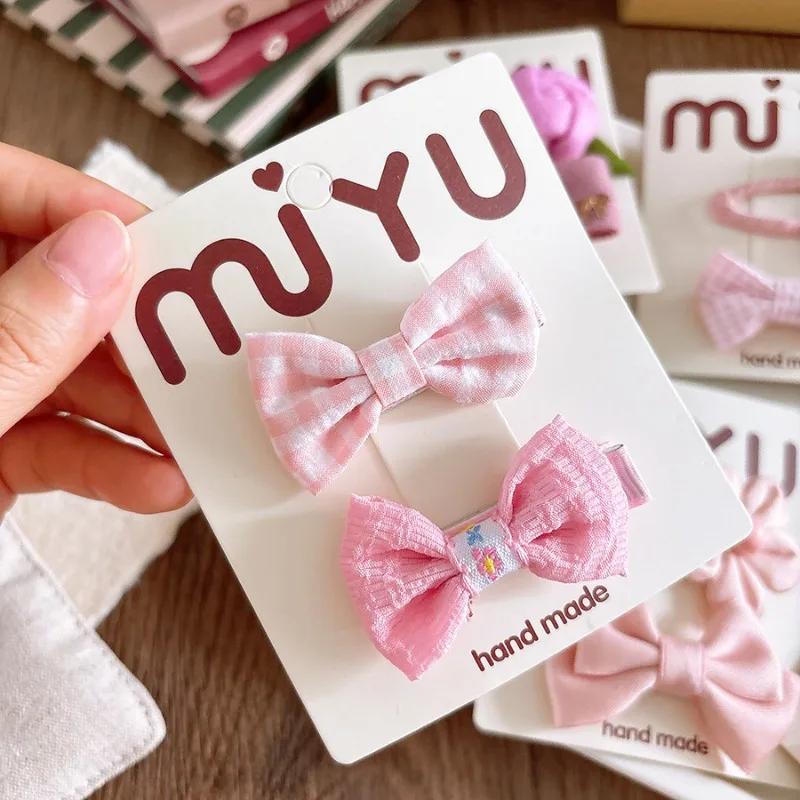 2pcs Pink Kids Barrettes Flower and Bow Fabric Bow Children Baby Hair Clips Hairpins BB Girl's Bangs  Hairpins Kids Accessories
