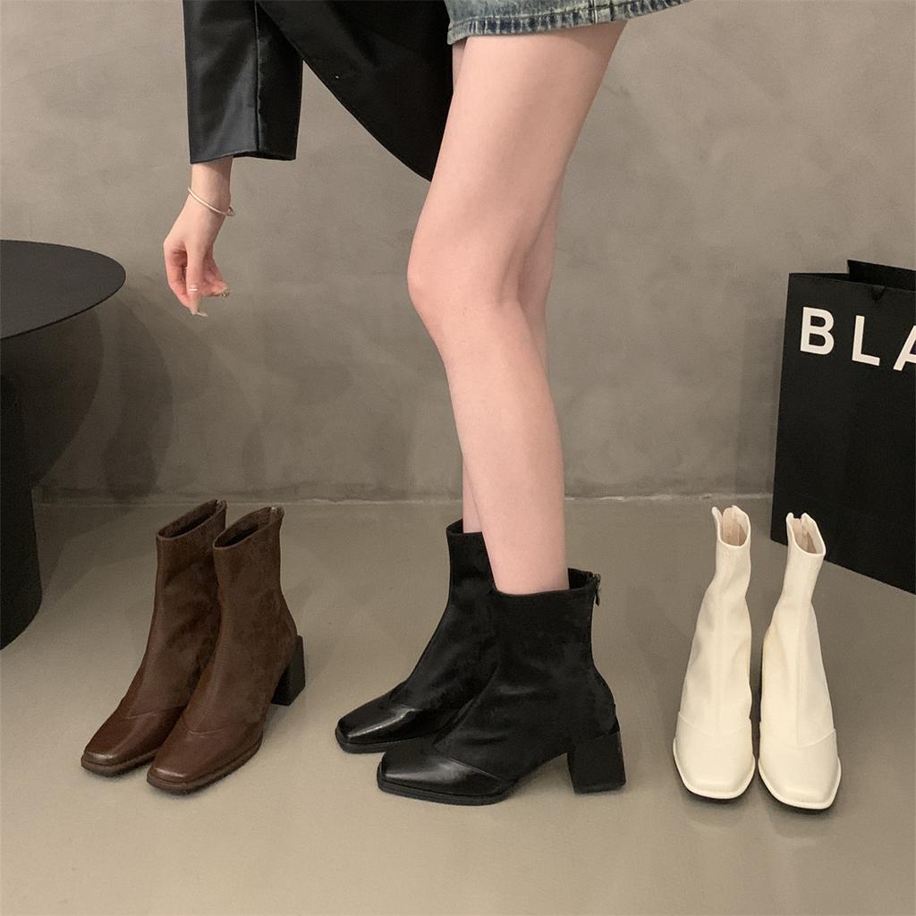 High heel square head French small short boots 2025 single boots winter thin boots Korean small ankle boots