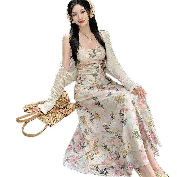 Stylish Slim-Fit U-Neck Print Camisole Dress – Women's Spring/Summer 2025 Collection, Hip-Hugging Long Skirt