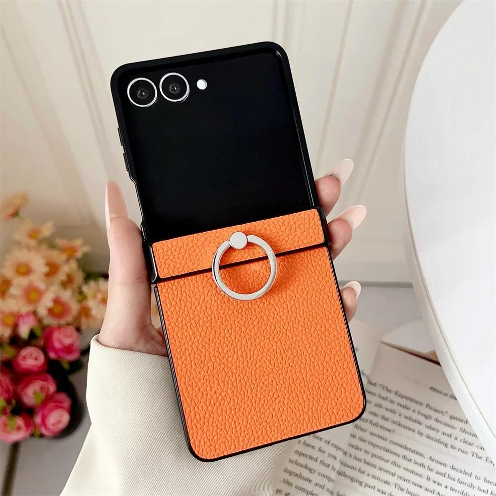 For Samsung Galaxy Z Flip 7 6 5 4 3 5G Phone Case Solid Color Lychee Pattern PU Leather Ring Holder Shockproof Protective Cover