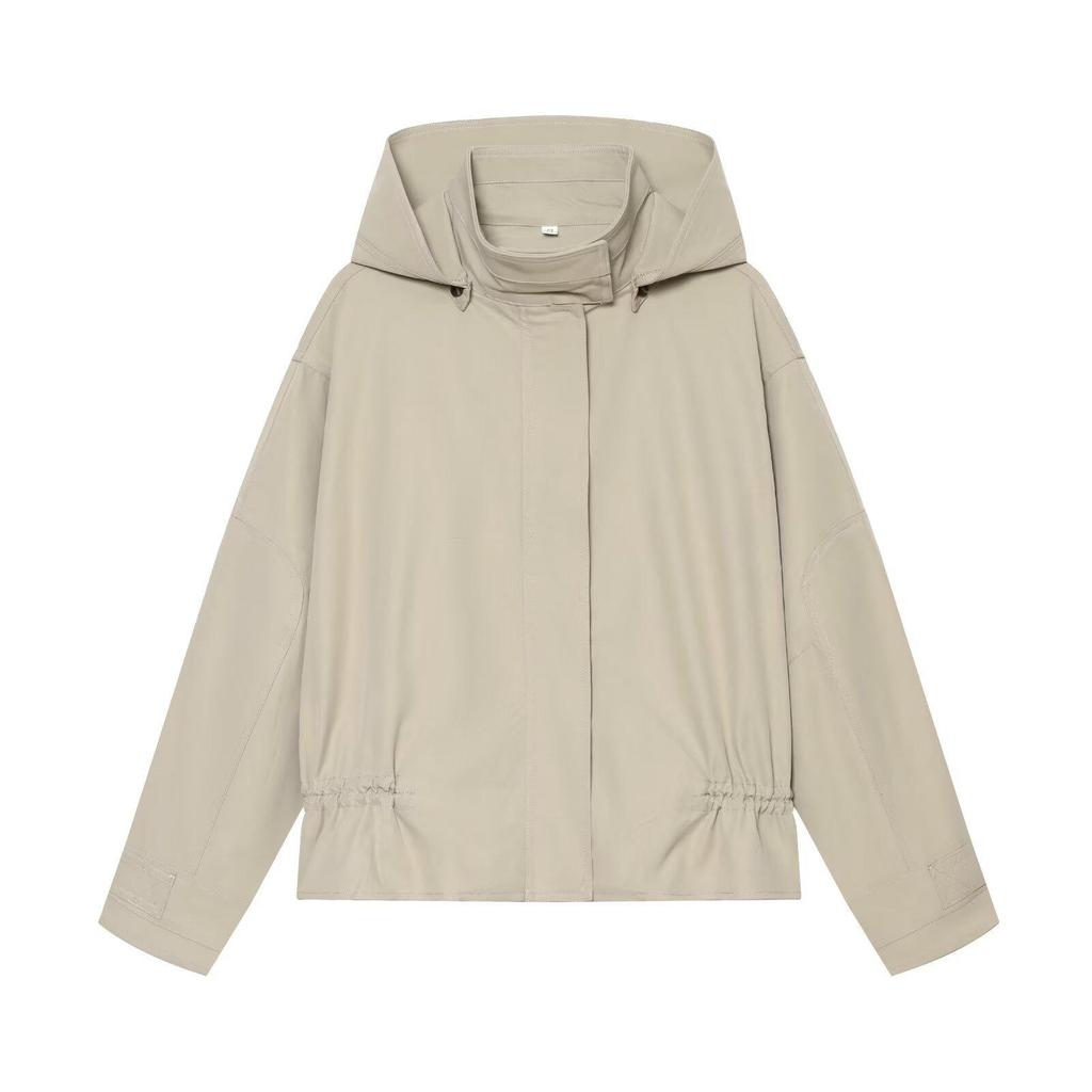 Women's High-End Stand Collar Windbreaker Jacket with Drawstring and Cinched Waist - Casual European & American Fashion.