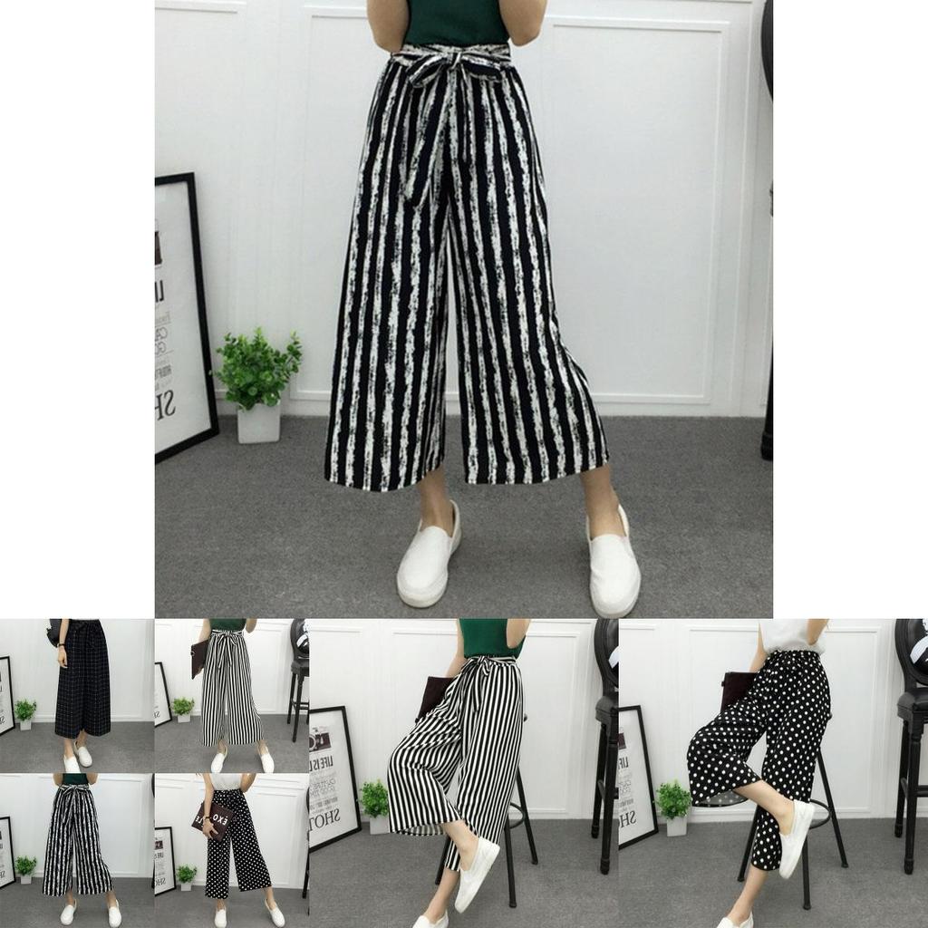 Women High Waist Elastic Striped Culotte Pants With Elegant Wide Leg Flare Design For Casual Wear