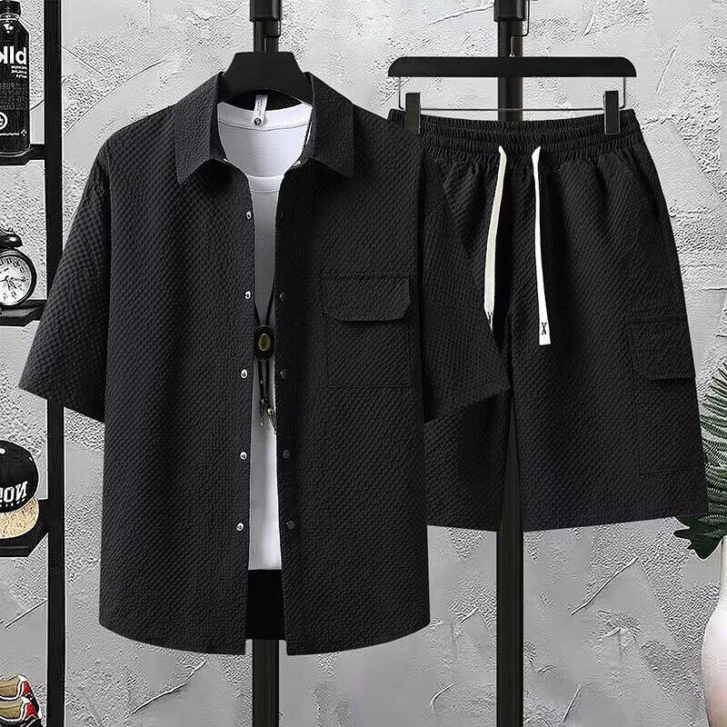 2026 Men's Casual Hong Kong Style Short Sleeve Shirt & Shorts Two-Piece Set