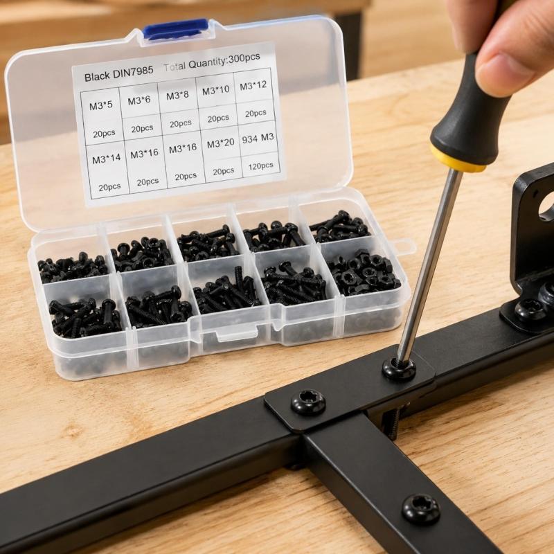 300-Piece Pan Head Machine Screw Assortment with Matching Threaded Hardware, Black Fasteners In a Divided Storage Case for Assembly and Repair Tasks