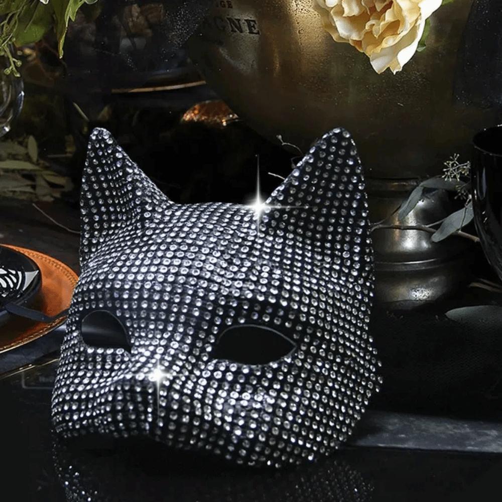 Half Face Cover Cat Girl Mask Gloves Set Cosplay Prop Rhinestone Cats Woman Face Mask Halloween Dressing Shiny Masquerade Gloves