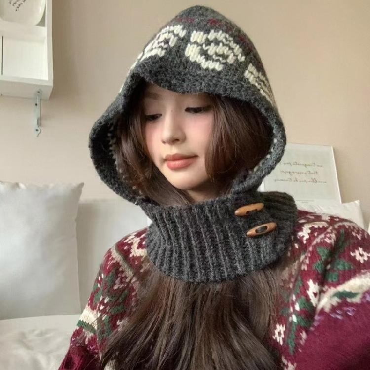 Popular Rose Pattern Balaclava Hat for Female Flower Neck Scarf Hat Elegant Warm Crochet Hat Breathable Ear Flap Caps