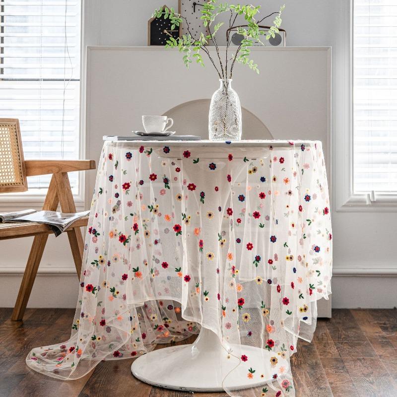 

Transparent Lace Tablecloth White Rectangular Colorful Embroidered Flower Table Cloth Cover for Home Party Supplies Shooting Background Prop Cloth 75x183cm 1pcs