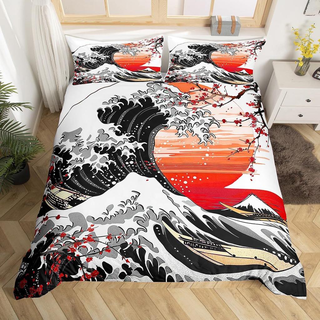 Japanese Samurai Duvet Cover Pillowcase 3D Pattern Sakura Mount Fuji Bedding Set Adult Bedroom Decoration Single Double Large